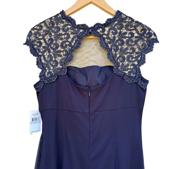 NWT Alex Evenings Draped Evening Dress in Navy w/ Metallic Lace Cut-Out Size 6 - Picture 6 of 10